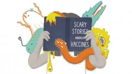 illustration of a mom reading a book titles Scary Stories about Vaccines with colourful monsters popping out