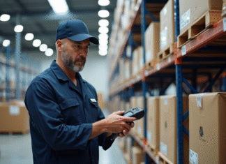 Agent entreposage médical scannant un pallet dans un entrepôt