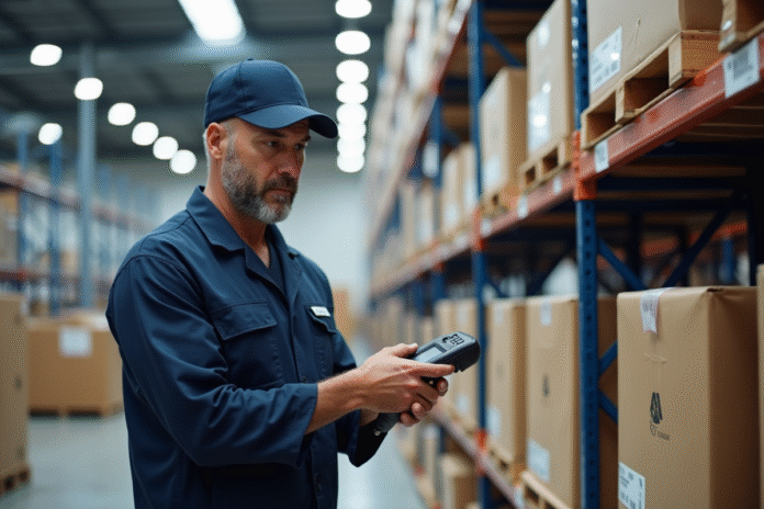 Agent entreposage médical scannant un pallet dans un entrepôt
