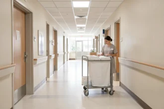 Agent hospitalier poussant un chariot de linge dans un couloir d'hôpital