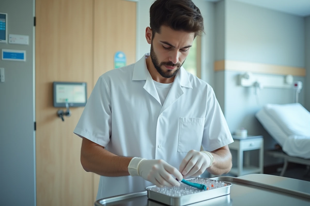 Aide soignant en uniforme blanc étiquette un tray médical