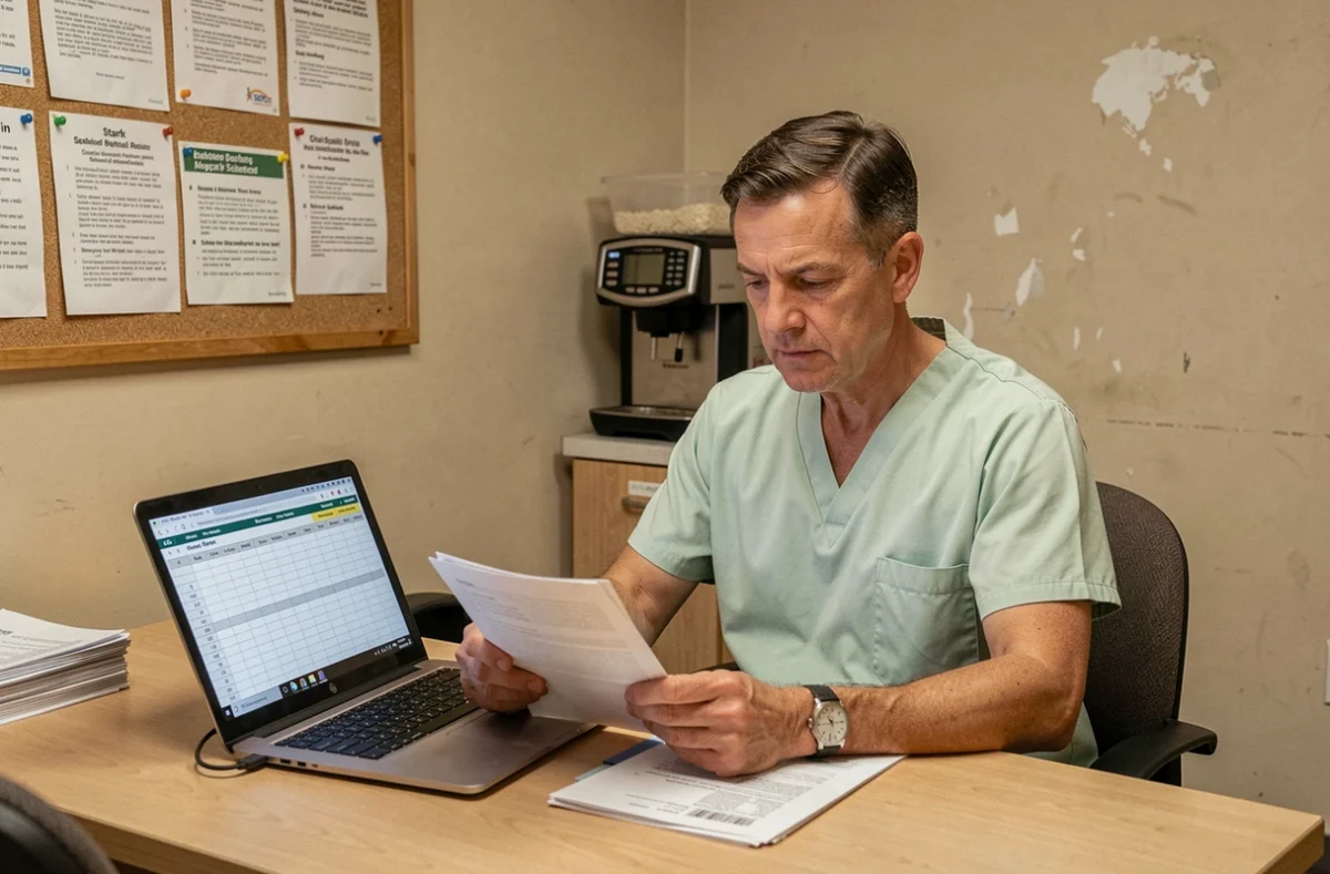 Aide soignant masculin consultant une grille de salaire catégorie B 2026 dans la salle de pause d'un établissement de soins