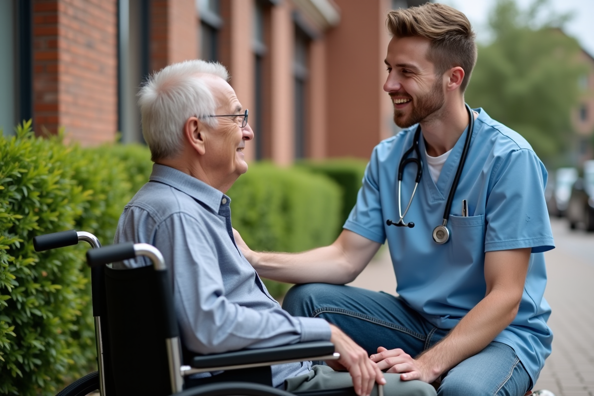 Jeune aide-soignant parlant avec un senior en fauteuil dehors