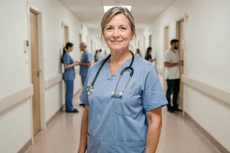 Aide soignante expérimentée en fin de carrière dans un couloir d'hôpital public français, illustrant la grille salariale catégorie B 2026