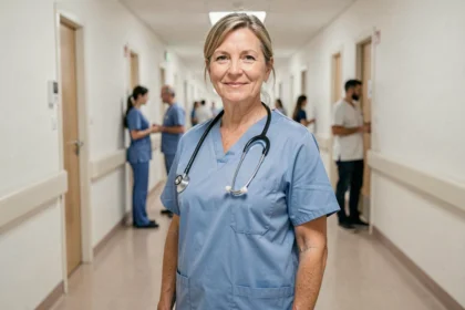 Aide soignante expérimentée en fin de carrière dans un couloir d'hôpital public français, illustrant la grille salariale catégorie B 2026