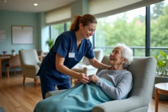 Aide-soignante en uniforme ajuste la couverture d'une résidente âgée