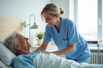 Infirmière aidant une personne âgée au lit dans une chambre lumineuse