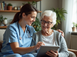 Les avancées en santé grâce à Philia ADMR Aide-soignante aidant une senior avec une tablette dans un salon lumineux