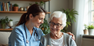 Les avancées en santé grâce à Philia ADMR Aide-soignante aidant une senior avec une tablette dans un salon lumineux