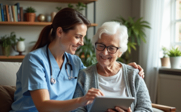 Les avancées en santé grâce à Philia ADMR Aide-soignante aidant une senior avec une tablette dans un salon lumineux