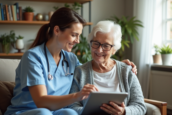 Aide-soignante aidant une senior avec une tablette dans un salon lumineux