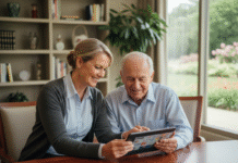 Aide-soignante aidant un senior avec tablette dans un centre