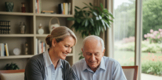 Pourquoi les établissements médico-sociaux misent sur la digitalisation Aide-soignante aidant un senior avec tablette dans un centre