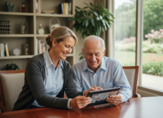 Aide-soignante aidant un senior avec tablette dans un centre