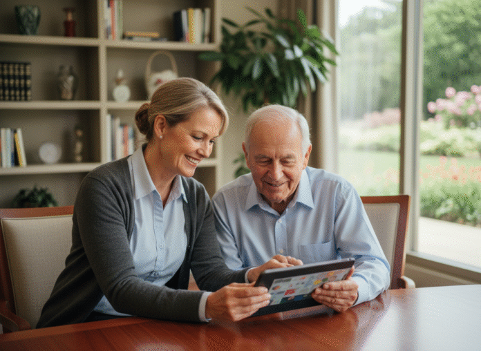 Aide-soignante aidant un senior avec tablette dans un centre