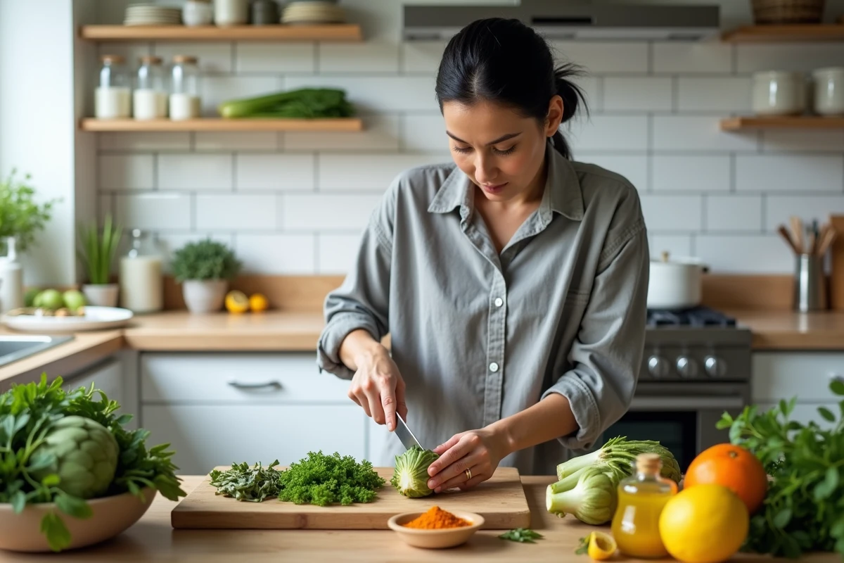 Femme préparant des aliments bénéfiques pour le foie afin de réduire les transaminases naturellement dans une cuisine moderne