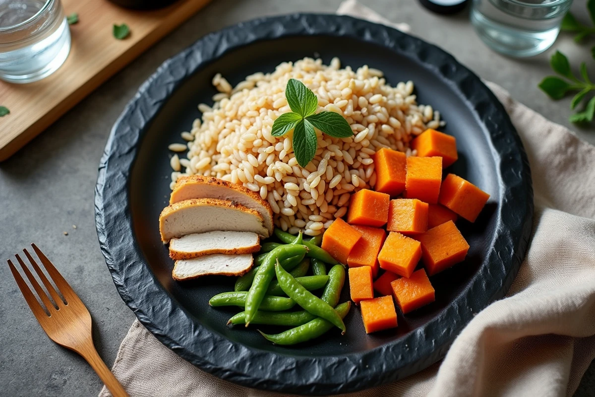 Assiette de riz complet avec légumes et protéines pour sportif vue du dessus