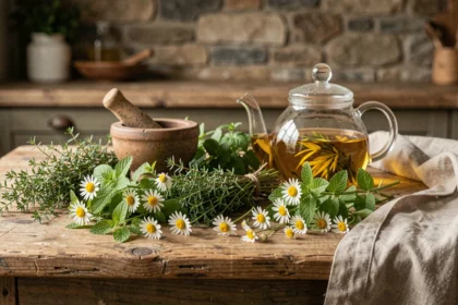 Association de plantes aromatiques pour tisane maison : thym, mélisse et camomille sur une table en bois rustique avec théière en verre