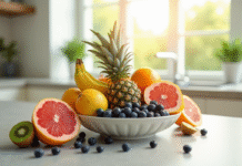 Assortiment de fruits colorés dans un bol sur un plan de travail lumineux