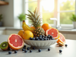 Fruit brûleur de graisse ventre : lequel choisir ? Assortiment de fruits colorés dans un bol sur un plan de travail lumineux