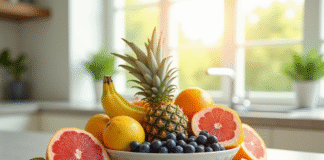 Assortiment de fruits colorés dans un bol sur un plan de travail lumineux