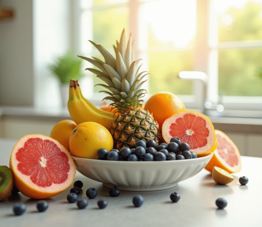 Assortiment de fruits colorés dans un bol sur un plan de travail lumineux