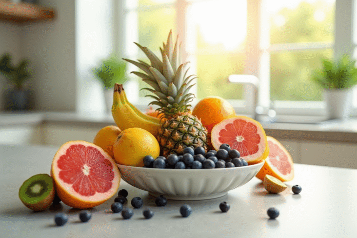 Assortiment de fruits colorés dans un bol sur un plan de travail lumineux