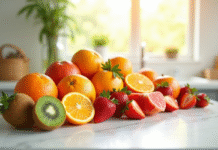 Assortiment de fruits riches en vitamine C sur un plan de travail