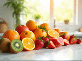 Assortiment de fruits riches en vitamine C sur un plan de travail