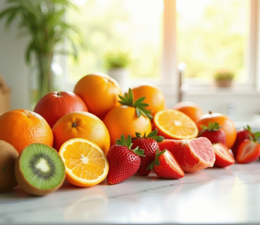 Assortiment de fruits riches en vitamine C sur un plan de travail
