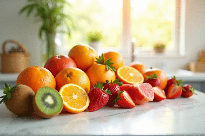 Assortiment de fruits riches en vitamine C sur un plan de travail