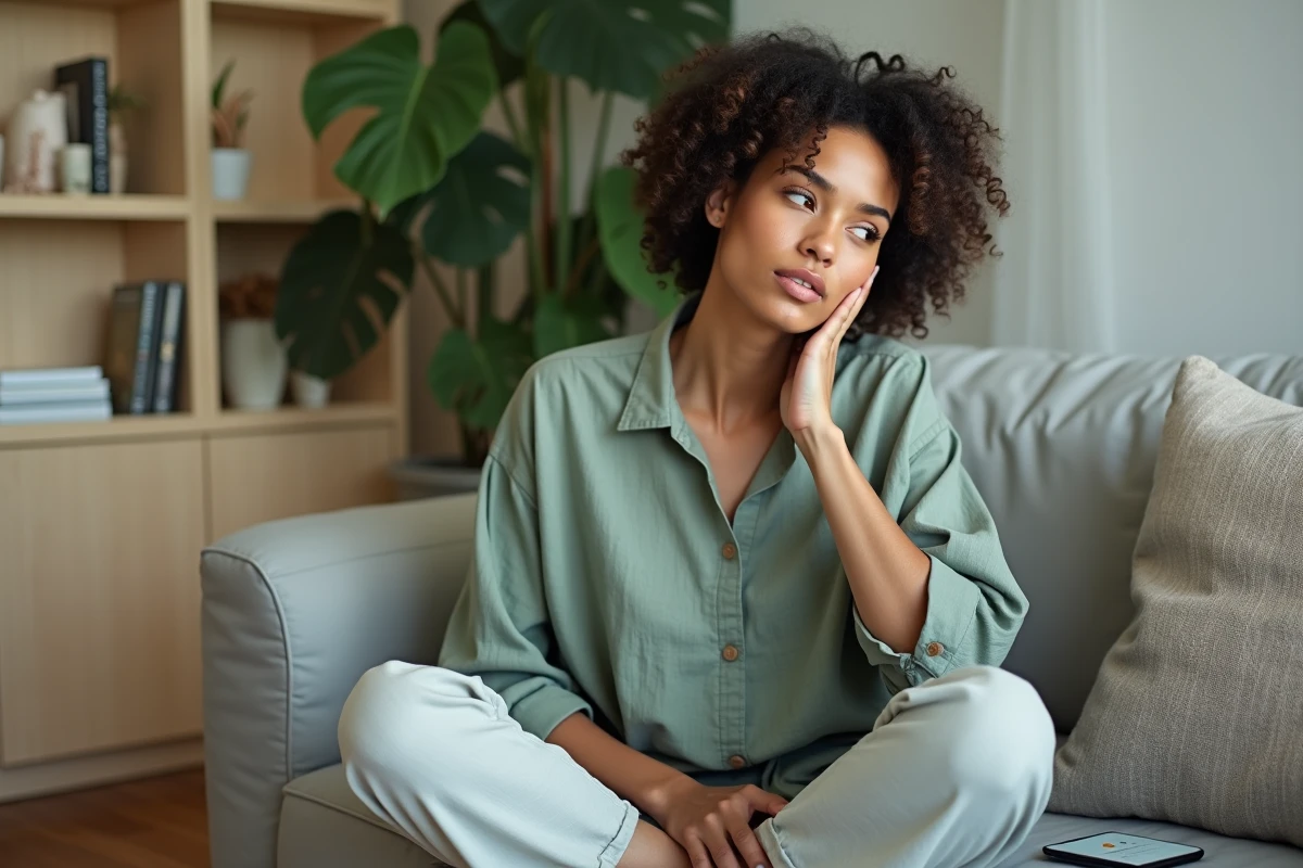 Jeune femme palpant elle-même son ganglion côté gauche du cou à la maison avec son téléphone portable