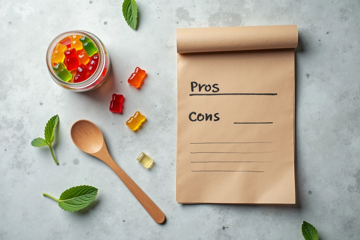 Vue de dessus d'un avis produit sur des gummies oursons avec notes manuscrites et ingrédients naturels