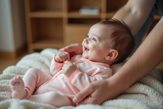 Bébé fille souriante avec son père dans un salon chaleureux