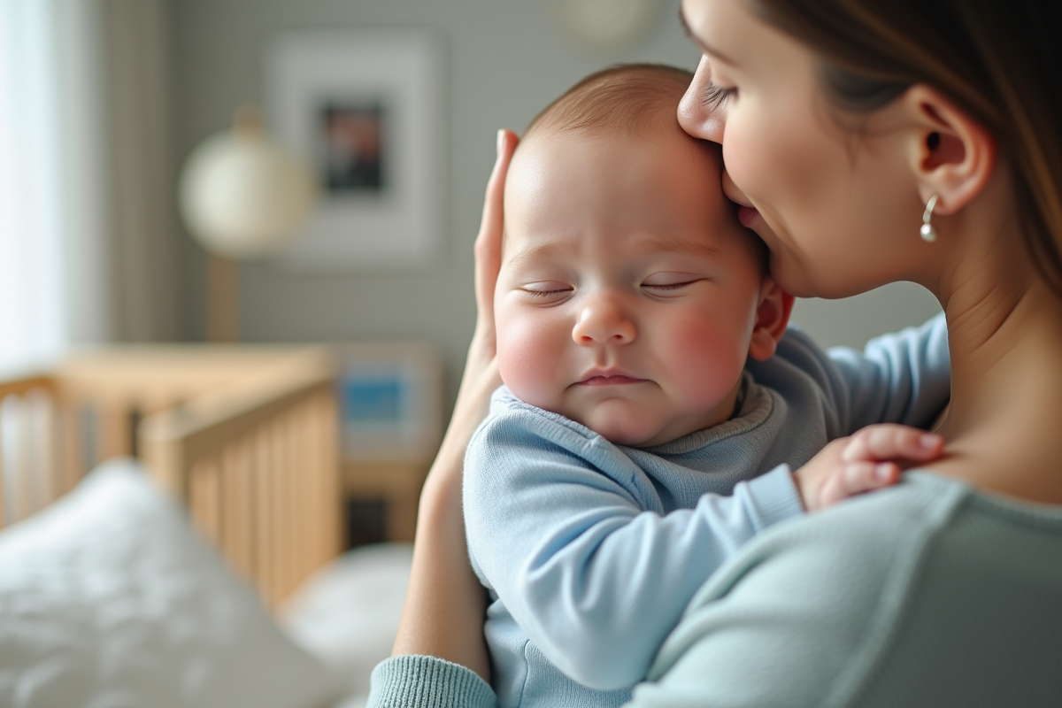 Bébé garçon endormi contre sa mère dans une nurserie lumineuse