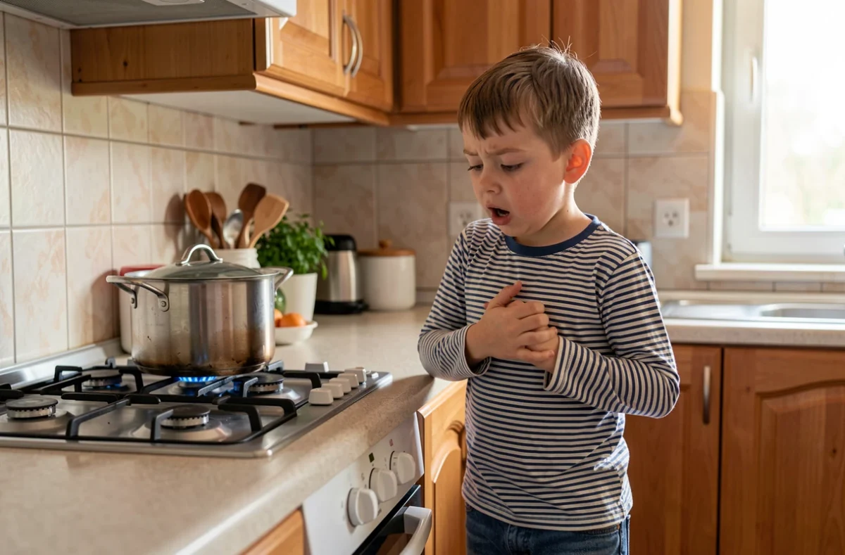 Enfant tenant son doigt blessé près d'une cuisinière dans une cuisine familiale