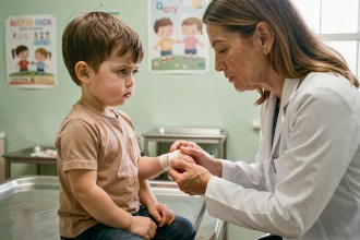 Jeune enfant avec un doigt bandé examiné par une pédiatre dans une clinique médicale