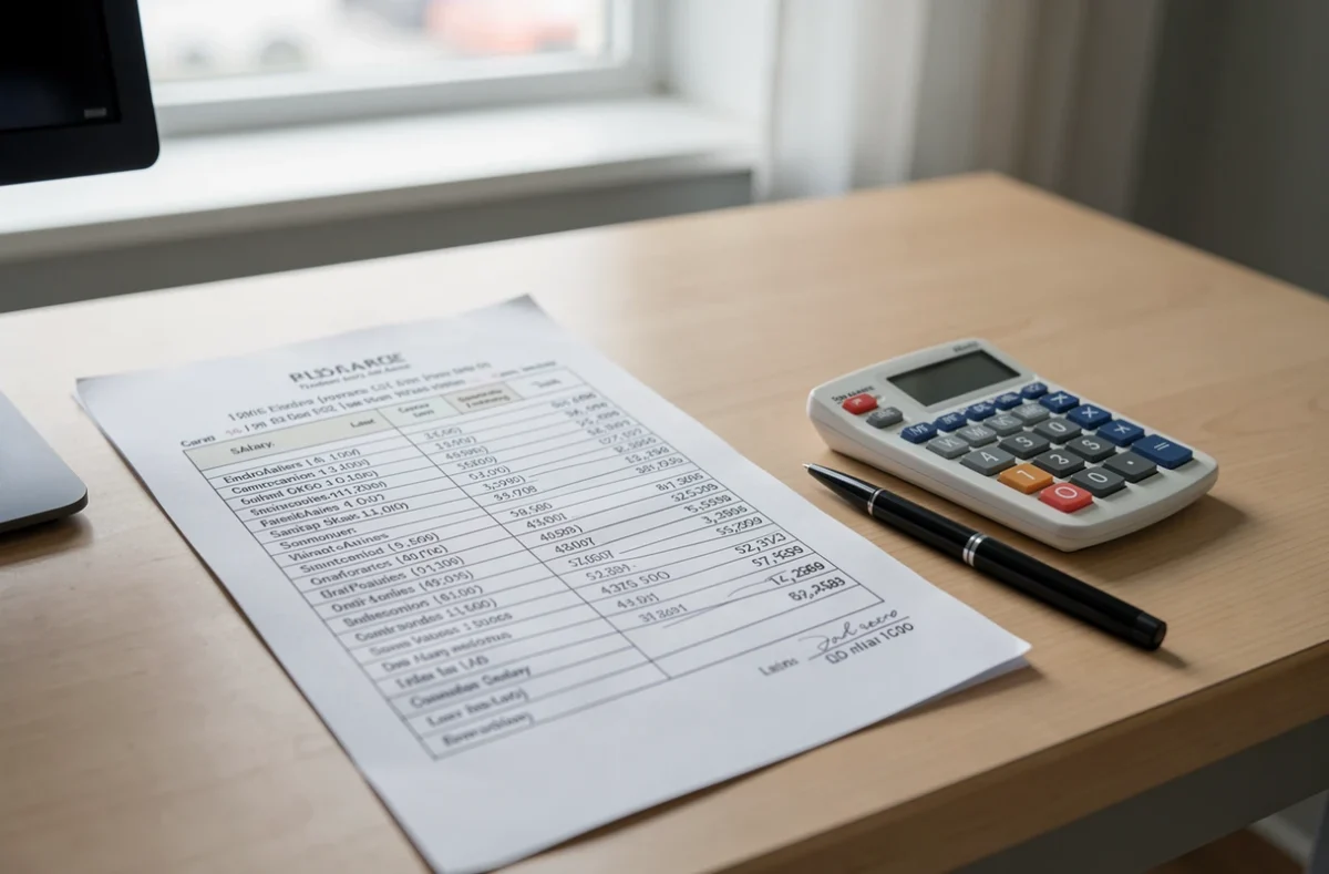 Bureau avec une grille de salaires imprimée, une calculatrice et un stylo