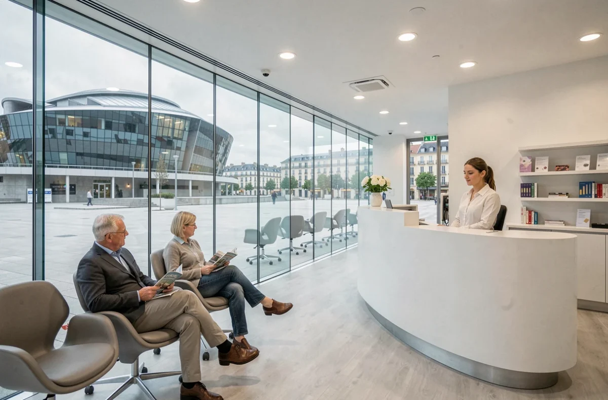Salle d'attente moderne du Centre dentaire du Corum à Montpellier avec vue sur le quartier culturel