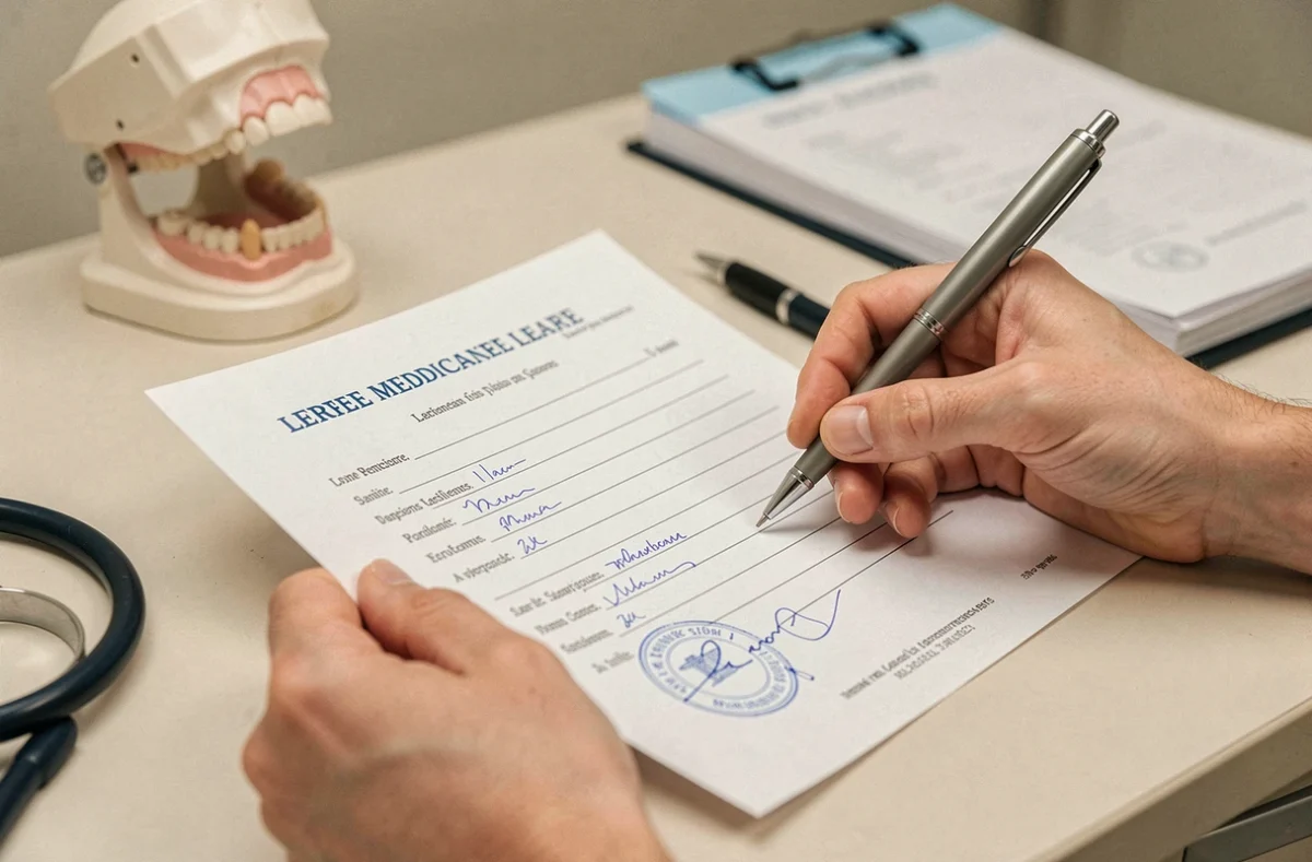 Certificat d'arrêt de travail signé et tamponné par un dentiste sur un bureau médical