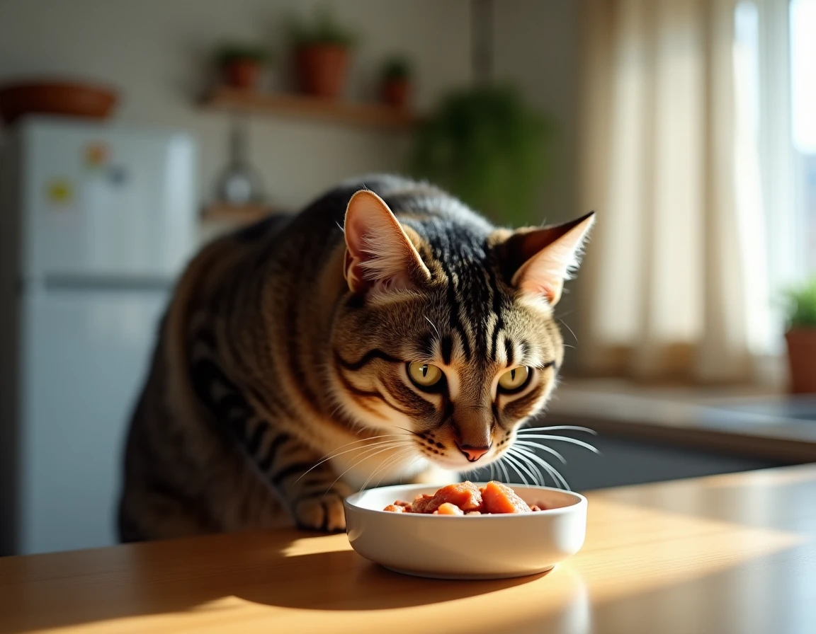 Chat tigré reniflant une gamelle de nourriture humide à base de poisson sur un plan de travail, évoquant les aliments pouvant provoquer des mauvaises odeurs chez les chats