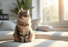 Chat Siberien assis sur un canapé blanc dans un salon lumineux