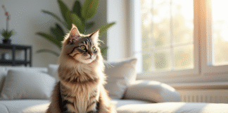 Chat Siberien assis sur un canapé blanc dans un salon lumineux