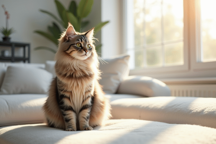 Chat Siberien assis sur un canapé blanc dans un salon lumineux