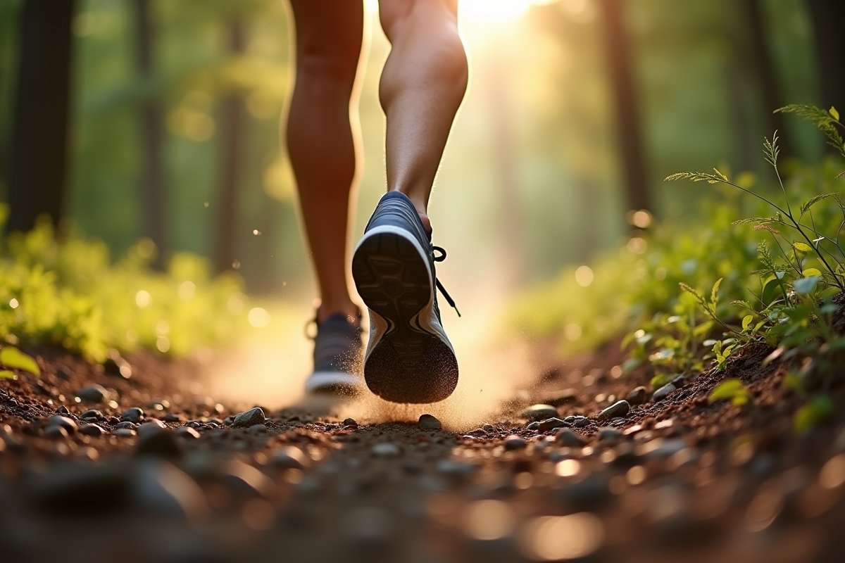 Chaussures de course sur un sentier forestier