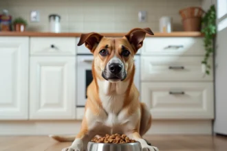 Chien adulte assis devant sa gamelle de croquettes dans une cuisine, illustrant les aliments responsables des odeurs corporelles chez les animaux de compagnie