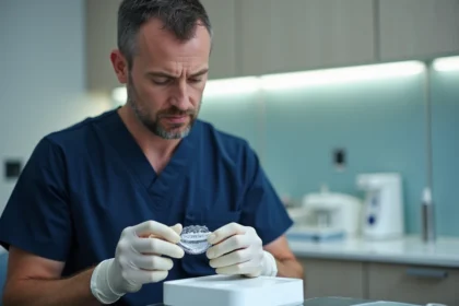 Chirurgien dentaire examine un guide 3D pour implants