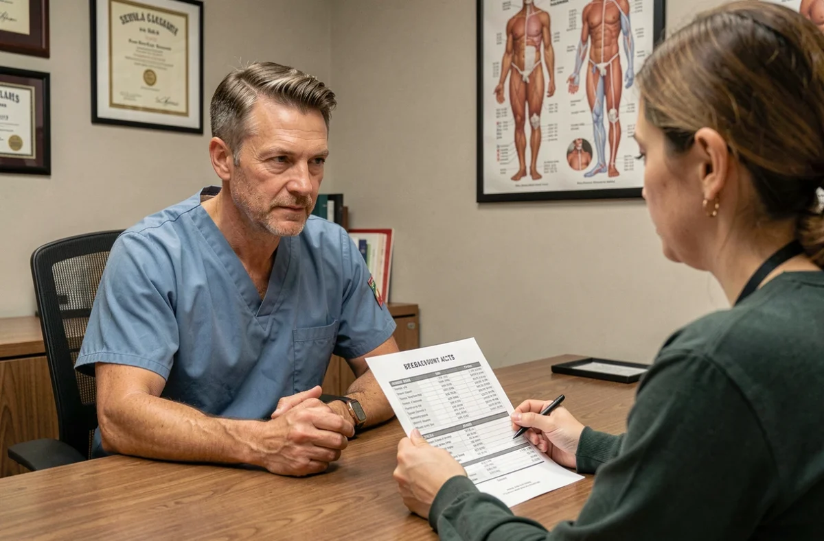 Chirurgien libéral expliquant ses honoraires à un patient lors d'une consultation en cabinet