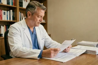 Chirurgien libéral en blouse blanche consultant des documents financiers dans son cabinet médical privé