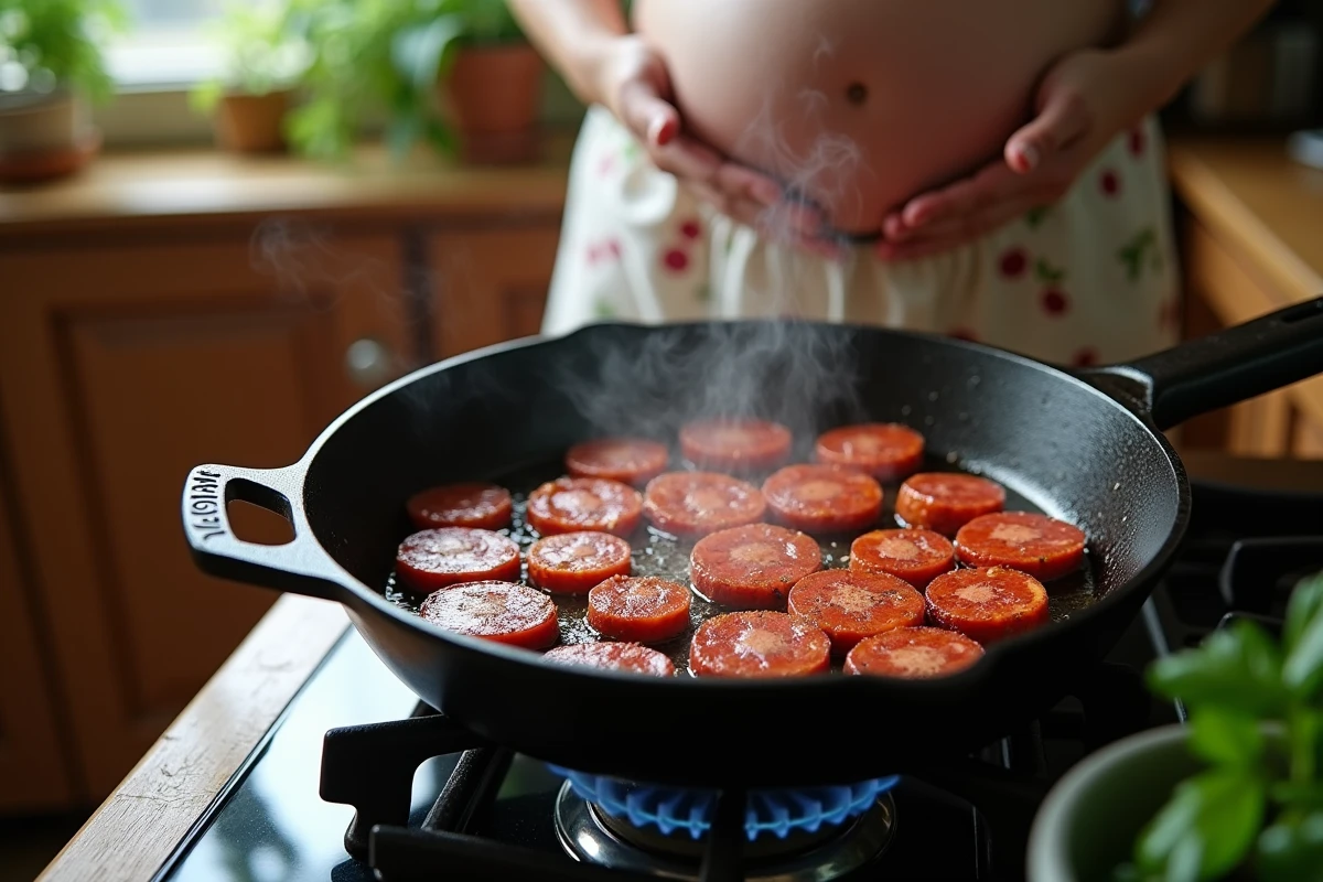 Chorizo cuit à la poêle en fonte sur une gazinière, démontrant une cuisson complète et sécurisée pour les femmes enceintes